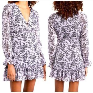 LIKELY Revolve Amber Dress Loe Vneck Ruffle Violet Black Long Sleeve Dress Sz 4